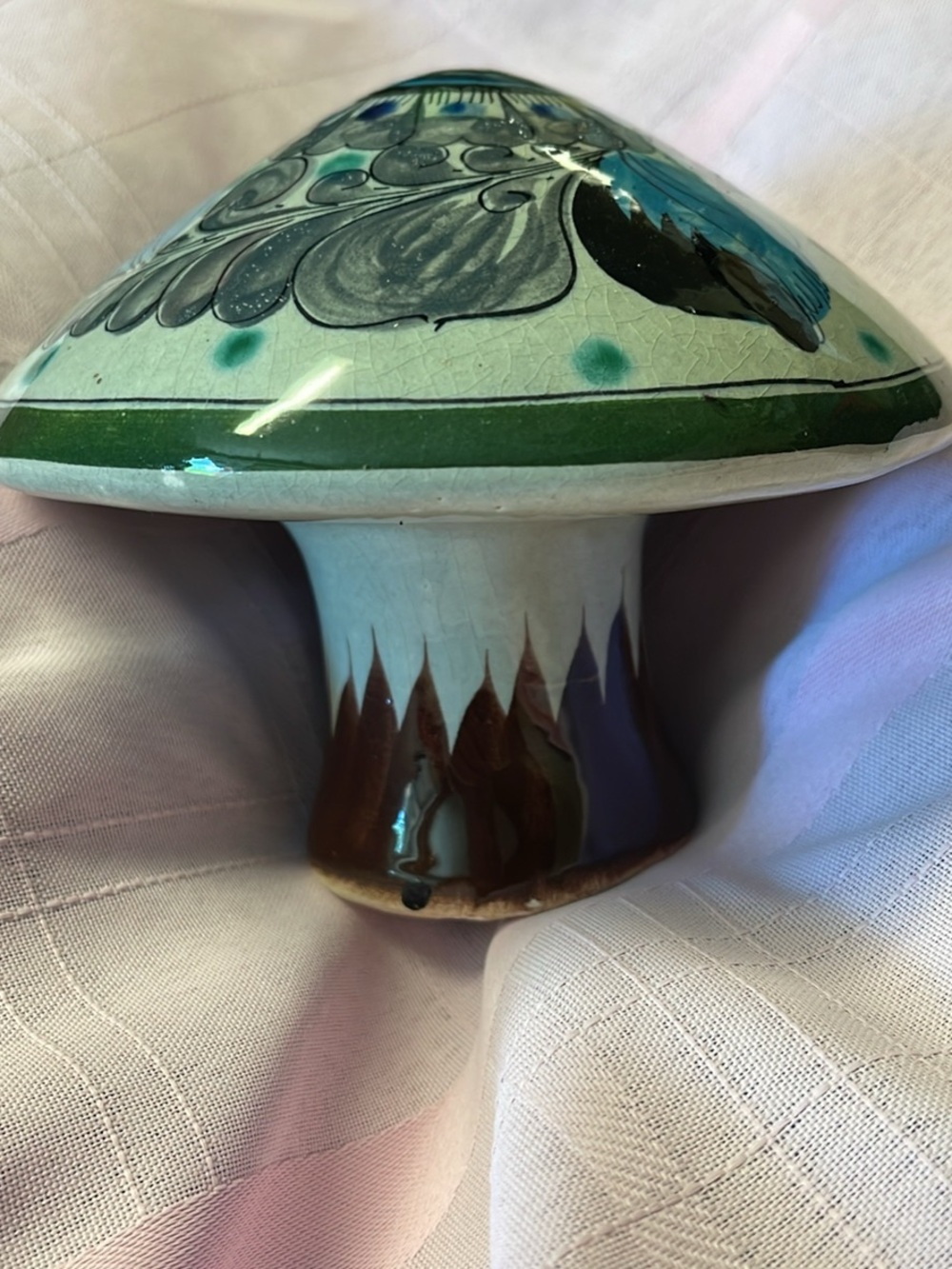 Hand-Painted Ceramic Mushroom Sculpture - Green and Teal Accent